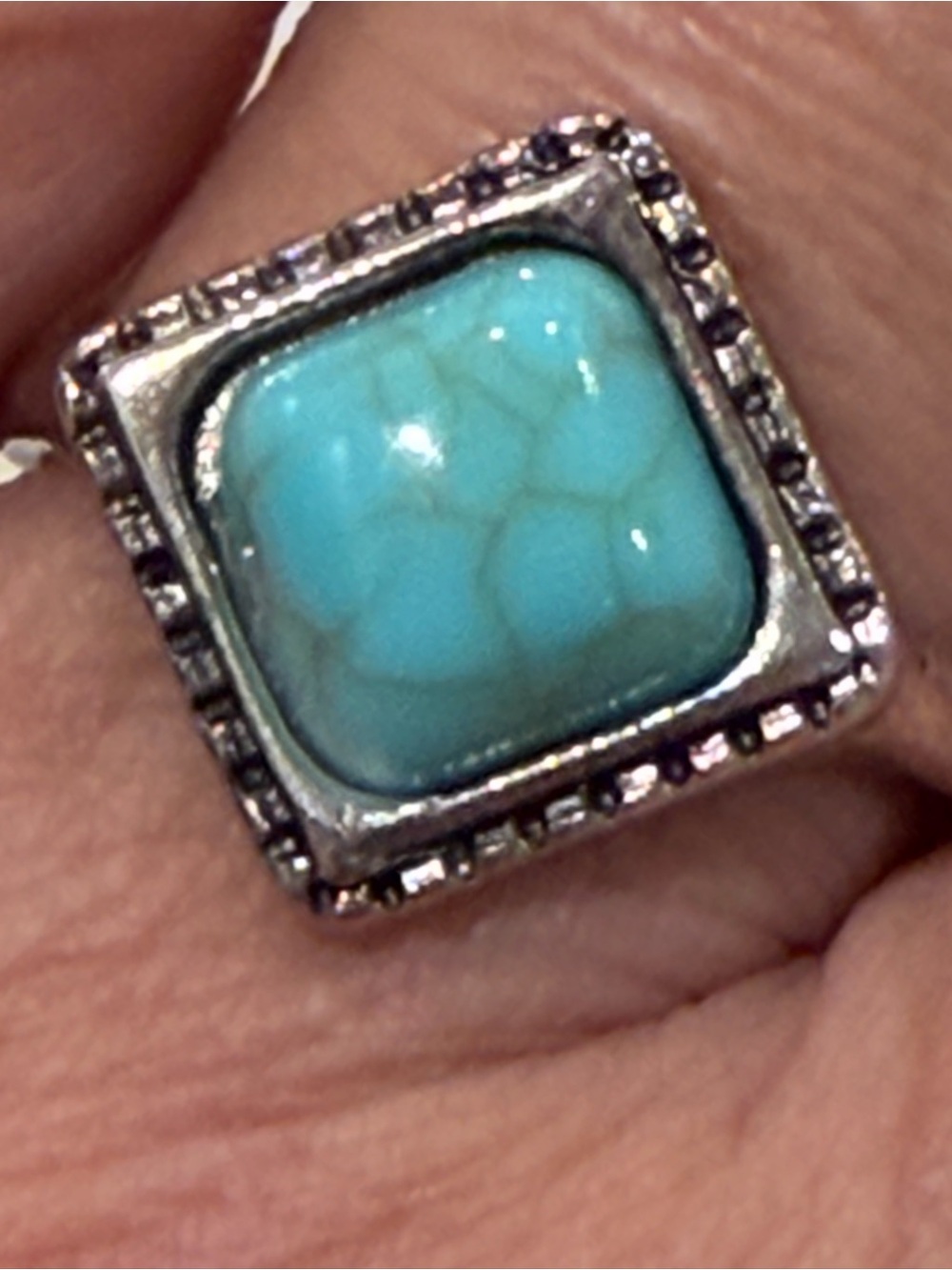 Turquoise Square Stone Possibly Sterling Ring - Signed artist mark-Size 6.75